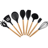 Conjunto 8 Talheres De Silicone Preto Com Cabo De Bambu Jogo De Utensílios Cozinha Yoi